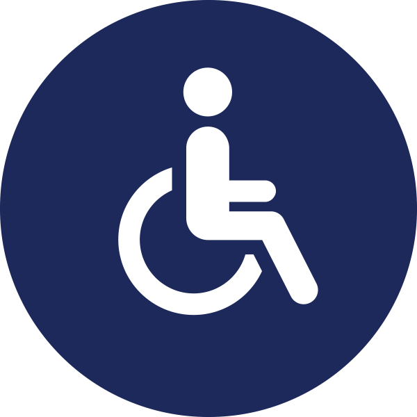 Dark blue circle showing white person in a wheel chair icon inside