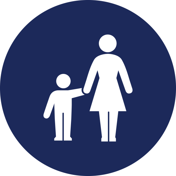 Dark blue circle showing white woman and child icon inside