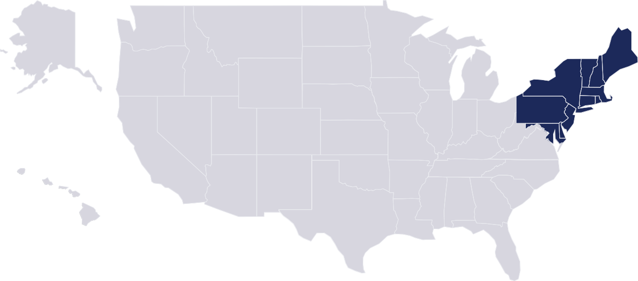 United States map highlighting Northeast region in dark blue