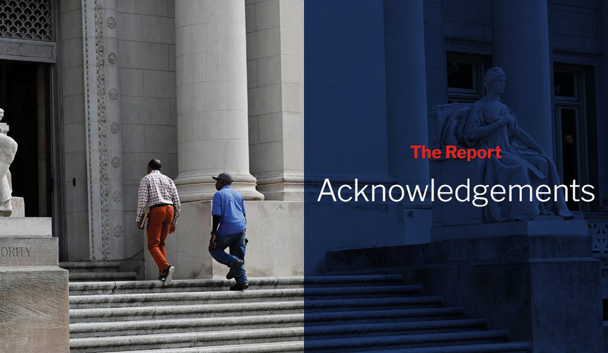 Graphic showing photo of two men walking into government building with dark blue overlay and red and white sans-serif type