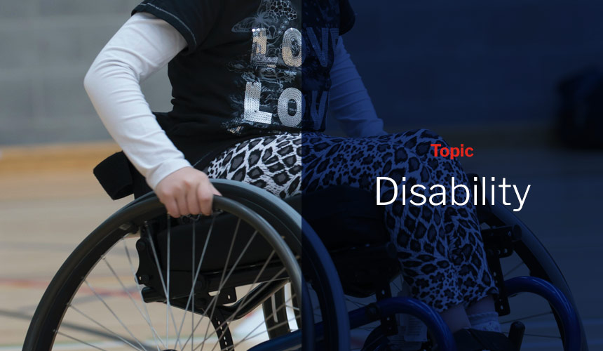 Graphic showing photo of a little girl in a wheel chair with dark blue overlay and red and white sans-serif type