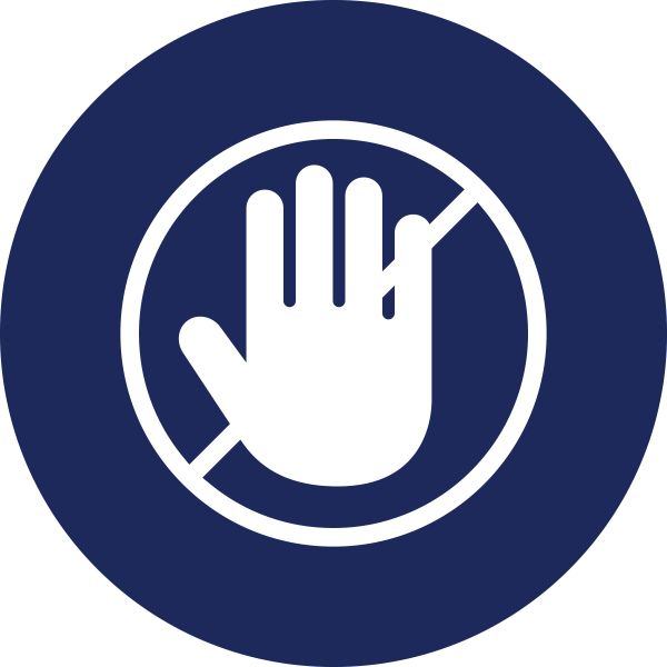 Dark blue circle showing white hand with circle and line through center icon inside