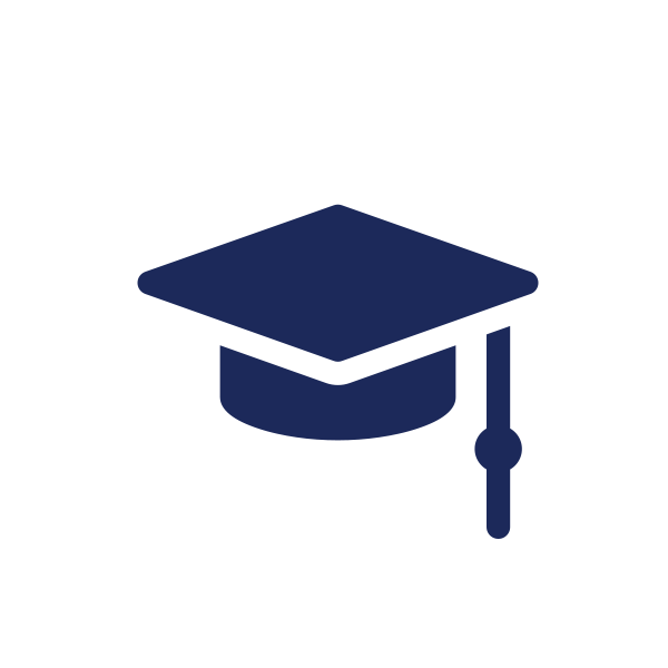 White circle showing dark blue graduation cap icon inside