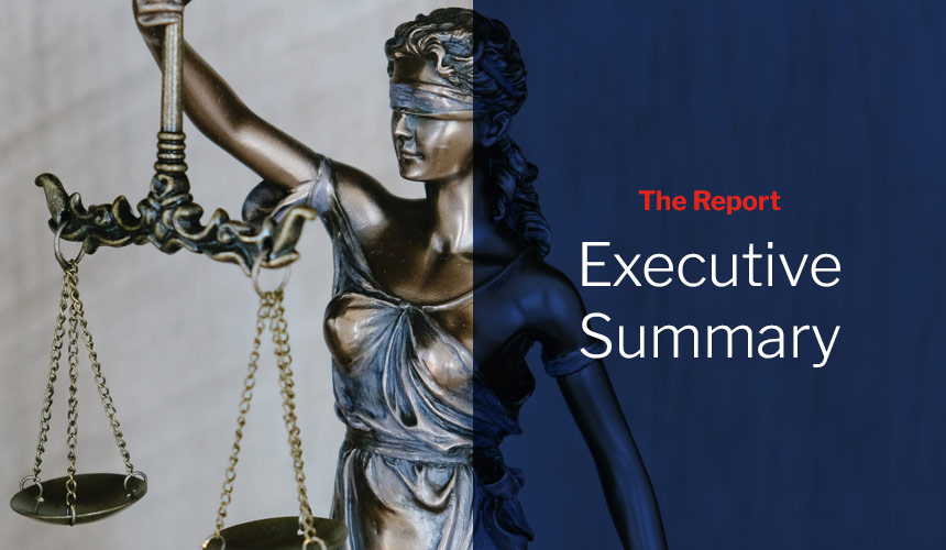 Graphic showing photo of lady justice with dark blue overlay and red and white sans-serif type