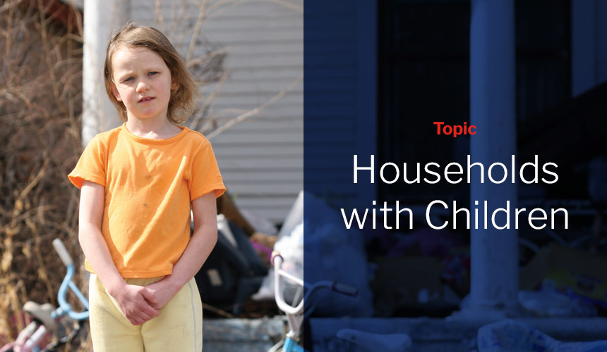 Graphic showing photo of a little girl outside a house with dark blue overlay and red and white sans-serif type