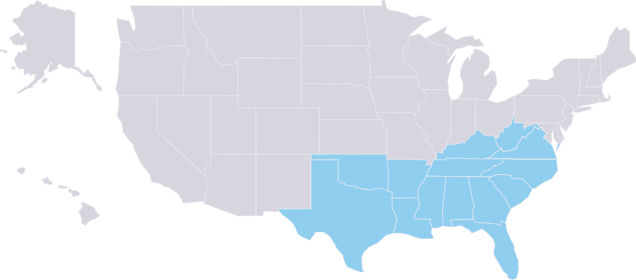 United States map highlighting South region in light blue