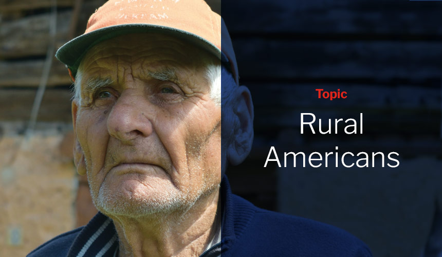 Graphic showing photo of a senior man in rural setting with dark blue overlay and red and white sans-serif type